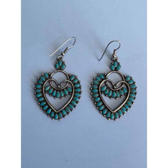 Vintage Southwestern Silver Tone Block Turquoise Earrings by Sancrest Jewelry - Picture 5 of 10